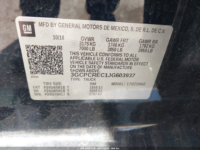 3GCPCREC1JG603937 Chevrolet Silverado 1500 1lt