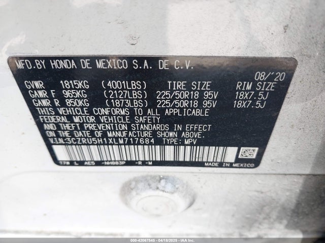 3CZRU5H1XLM717684 Honda Hr-v 2wd Sport