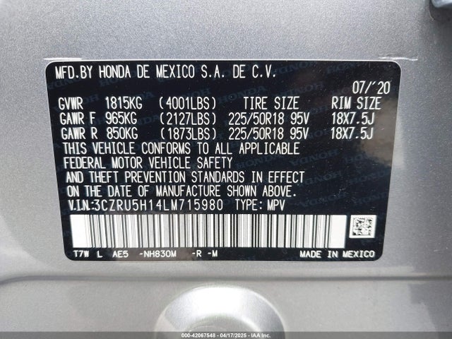 3CZRU5H14LM715980 Honda Hr-v 2wd Sport