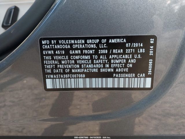 2015 VOLKSWAGEN PASSAT 1VWAS7A35FC007059 Photo 8