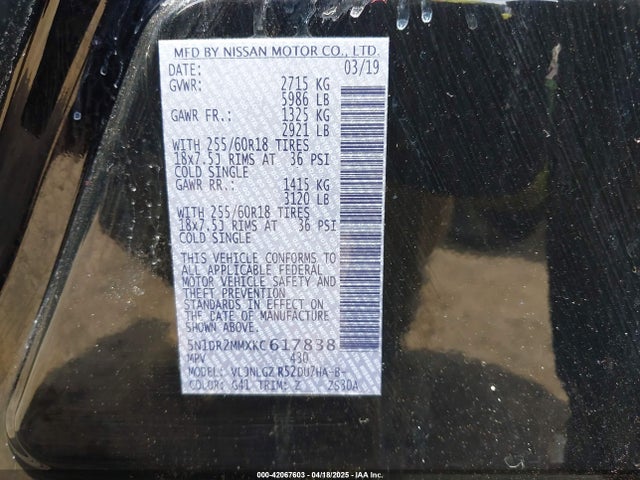5N1DR2MMXKC617838 Nissan Pathfinder Sl