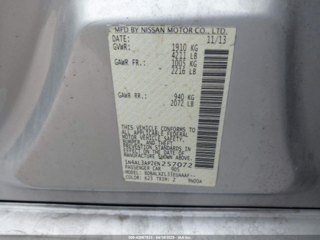 1N4AL3AP2EN257072 Nissan Altima 2.5 Sl