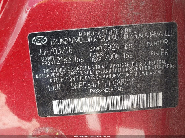 5NPD84LF1HH088010 Hyundai ELANTRA SE