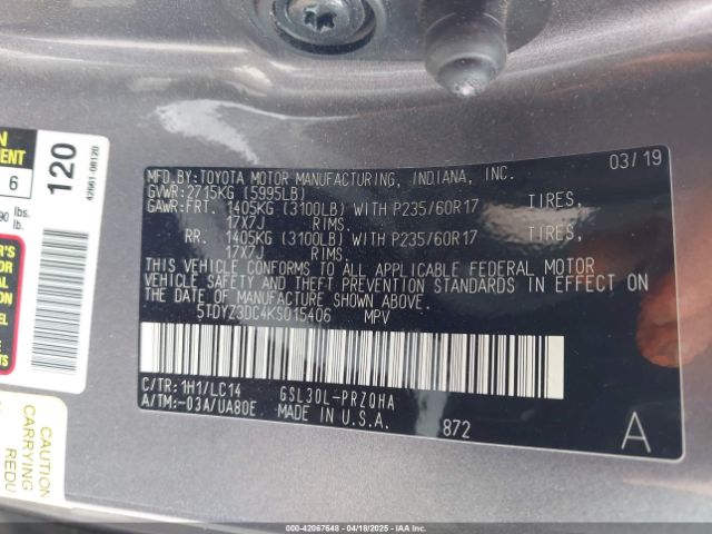 5TDYZ3DC4KS015406 Toyota Sienna Xle Premium 8 Passenger
