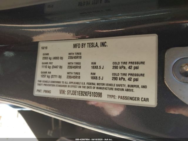 5YJ3E1EB2KF510398 Tesla Model 3 Long Range/performance