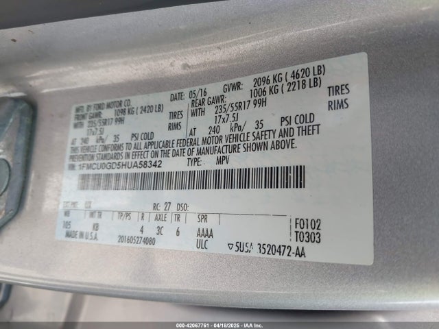 1FMCU0GD5HUA58342 Ford ESCAPE SE