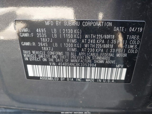 4S4BSANC8K3353904 Subaru Outback 2.5i Limited