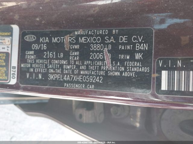 3KPFL4A7XHE059242 KIA FORTE LX