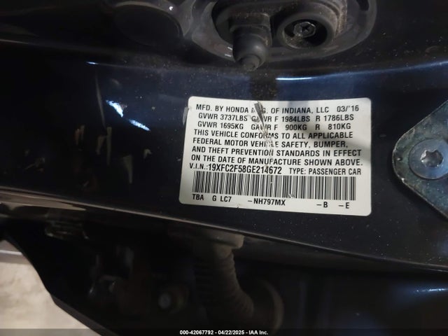 Honda Civic Lx 2016 19XFC2F58GE214672 Image 9