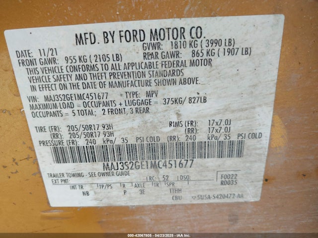 MAJ3S2GE1MC451677 Ford 2021