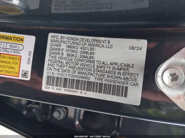 1HGCY1F20RA086892 Honda ACCORD LX
