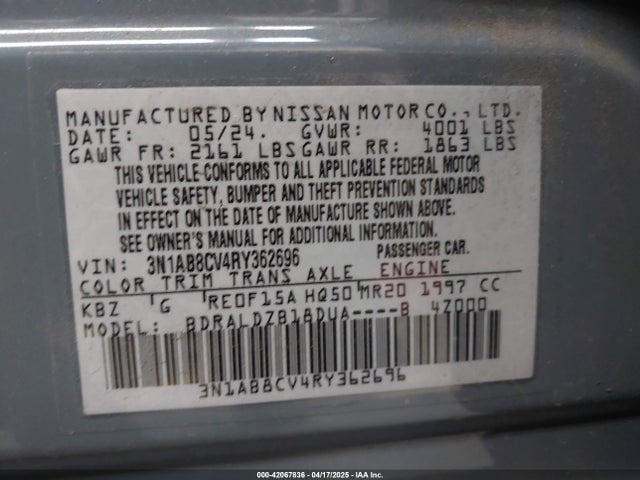 3N1AB8CV4RY362696 Nissan Sentra Sv Xtronic Cvt