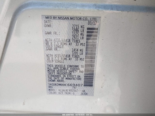 5N1DR2MNXHC669407 Nissan Pathfinder S
