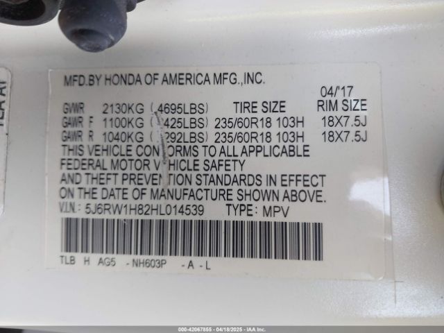 5J6RW1H82HL014539 Honda Cr-v Ex-l/ex-l Navi