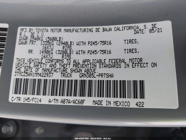 3TMCZ5AN1MM422937 Toyota Tacoma Sr5 V6