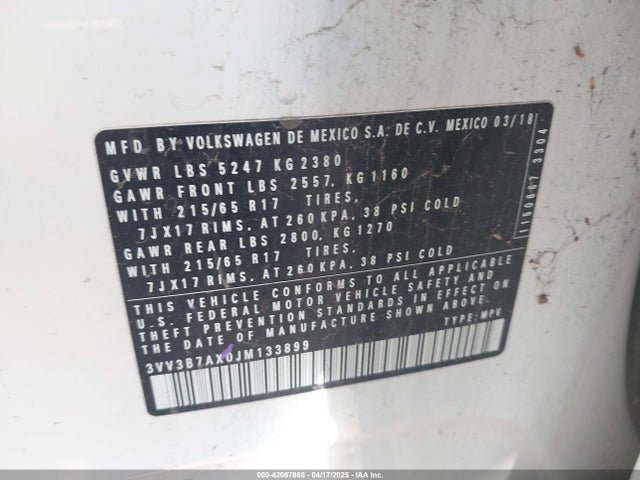 3VV3B7AX0JM133899 Volkswagen Tiguan