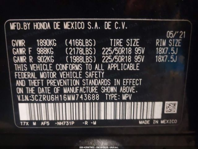 3CZRU6H16MM743688 Honda Hr-v Awd Sport