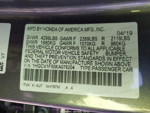 1HGCV1F50KA078204 Honda Accord Ex-l
