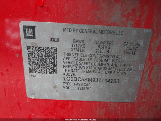1G1BC5SM9J7194283 Chevrolet le2 -di: direct injection, vvt: variable valve timing, gen, alum