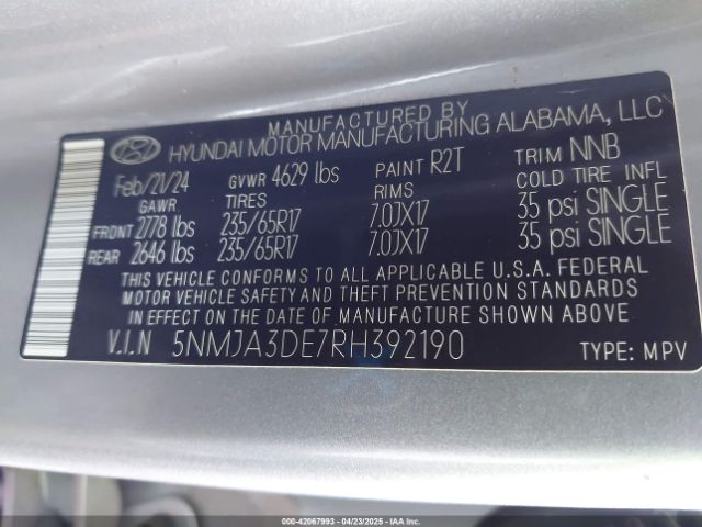5NMJA3DE7RH392190 Hyundai gdi theta iii