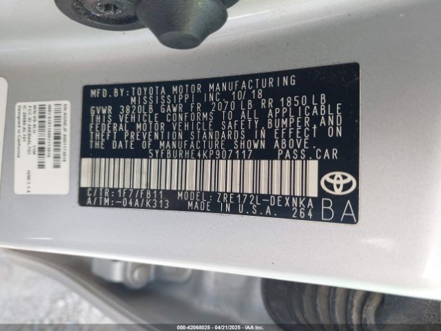 5YFBURHE4KP907117 Toyota COROLLA LE