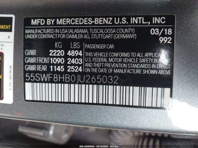 55SWF8HB0JU265032 Mercedes-Benz Amg C 63 S