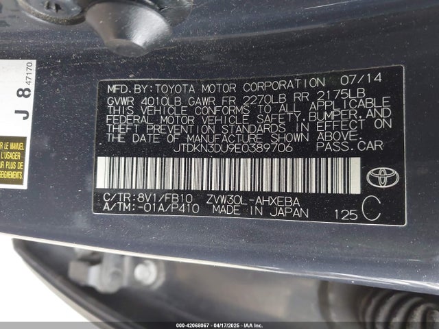 JTDKN3DU9E0389706 Toyota Prius Two