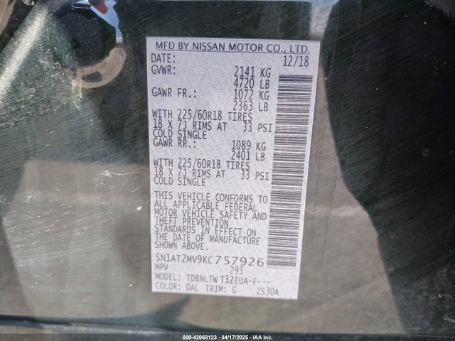 5N1AT2MV9KC757926 Nissan ROGUE SV