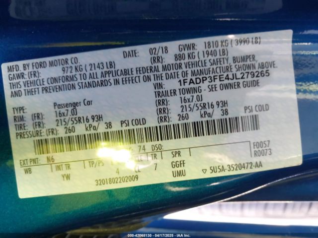 1FADP3FE4JL279265 Ford FOCUS SE