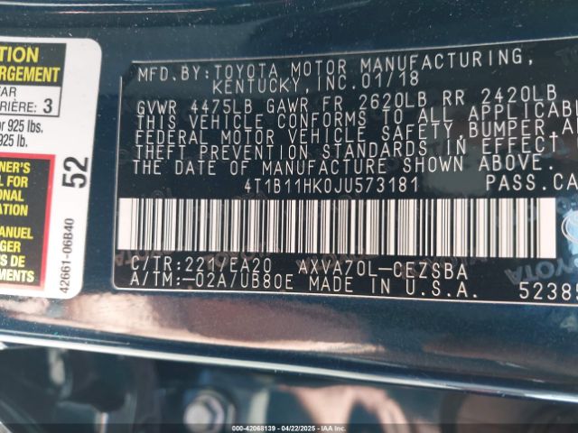 4T1B11HK0JU573181 Toyota CAMRY SE