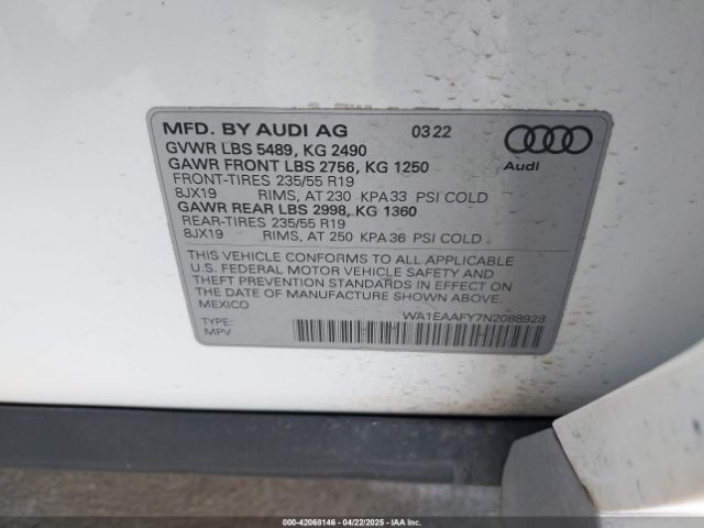 WA1EAAFY7N2088928 Audi Q5 Premium Plus 45 Tfsi S Line Quattro S Tronic