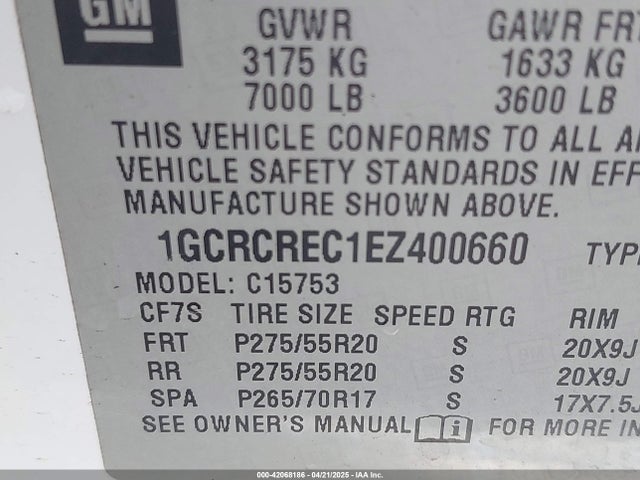 1GCRCREC1EZ400660 Chevrolet Silverado 1500 1lt