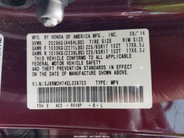 5J6RM3H74EL038703 Honda Cr-v Ex-l