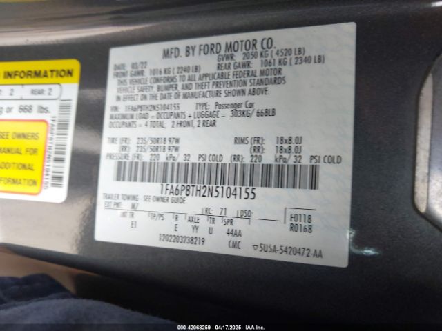 2022 FORD MUSTANG 1FA6P8TH2N5104155 Photo 8