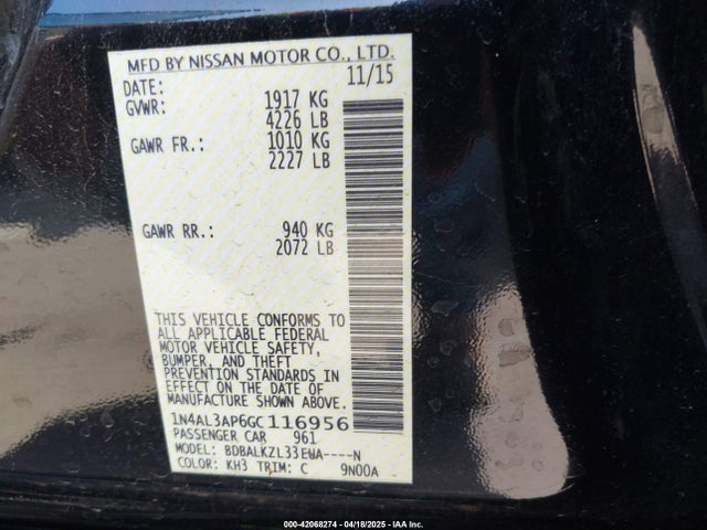 1N4AL3AP6GC116956 Nissan Altima 2.5 Sv