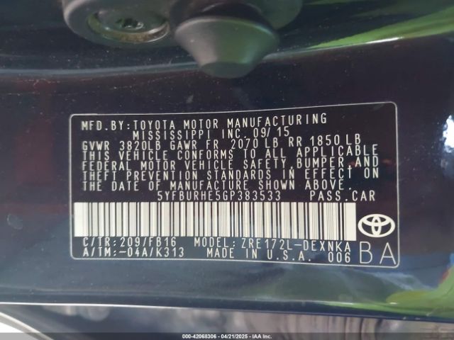 5YFBURHE5GP383533 Toyota COROLLA LE