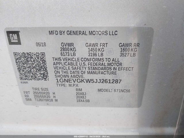 1GNEVGKW5JJ261287 Chevrolet Traverse 1lt