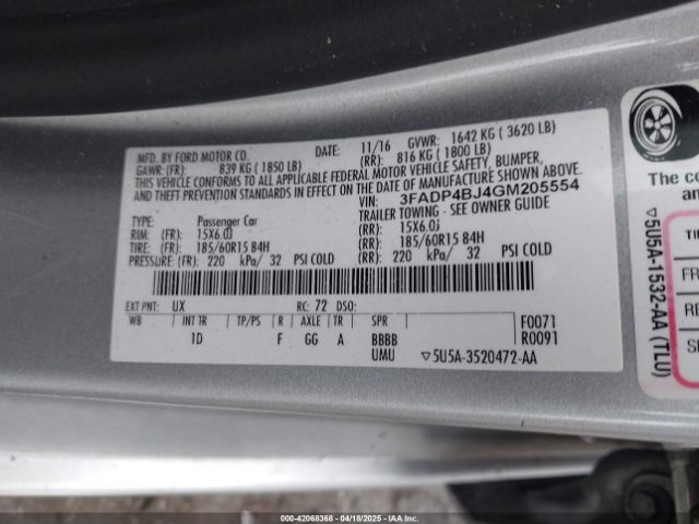 3FADP4BJ4GM205554 Ford 1.6l ti-vct premium fuel