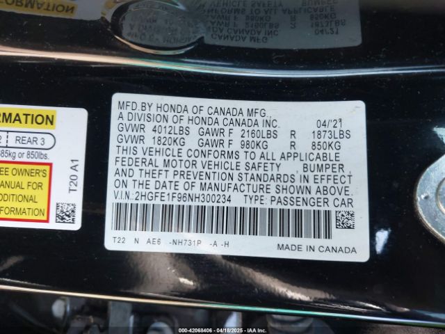 2HGFE1F96NH300234 Honda Civic Touring