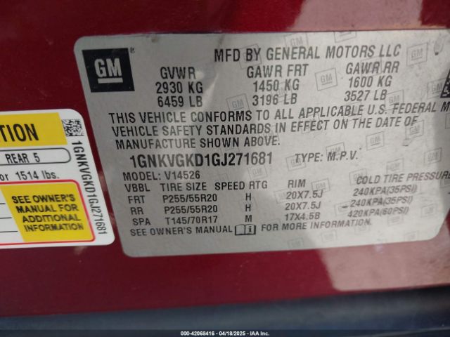 1GNKVGKD1GJ271681 Chevrolet Traverse 1lt