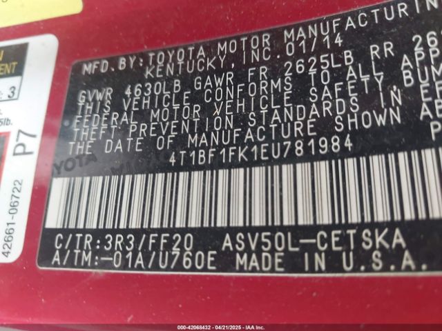4T1BF1FK1EU781984 Toyota CAMRY SE