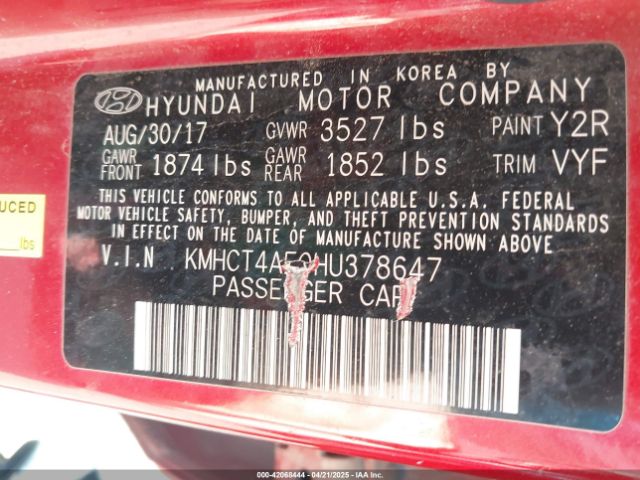 KMHCT4AE0HU378647 Hyundai ACCENT SE