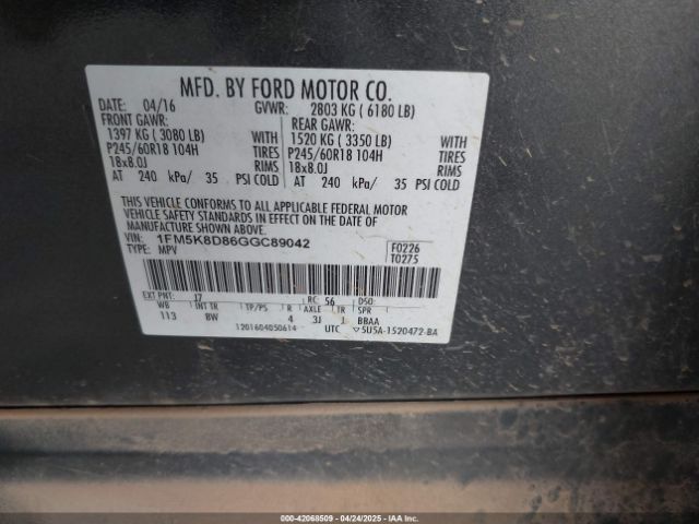 1FM5K8D86GGC89042 Ford EXPLORER XLT