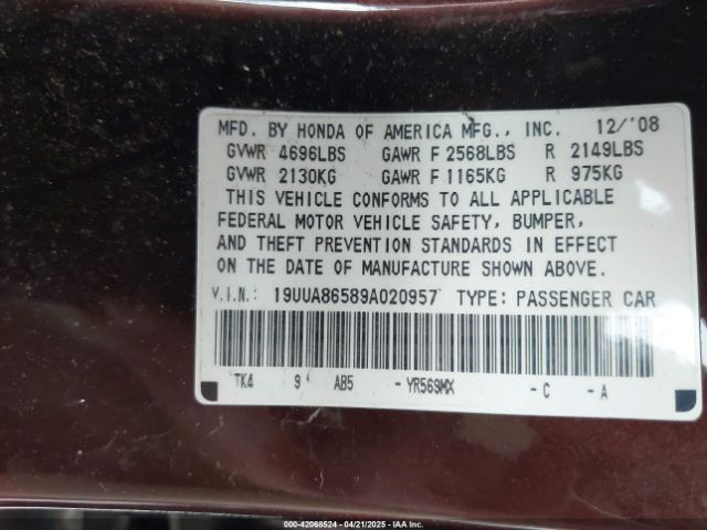 2009 ACURA TL 19UUA86589A020957 Photo 8