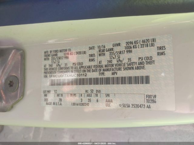 1FMCU0F7XHUC10112 Ford 2.5l i-vct