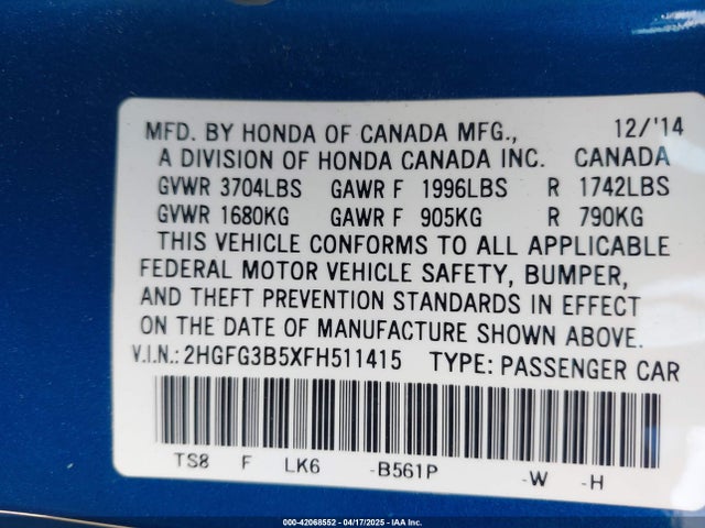 2HGFG3B5XFH511415 Honda r18z1