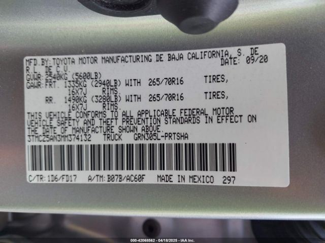 3TMCZ5AN3MM374132 Toyota Tacoma 4wd Trd Off Road