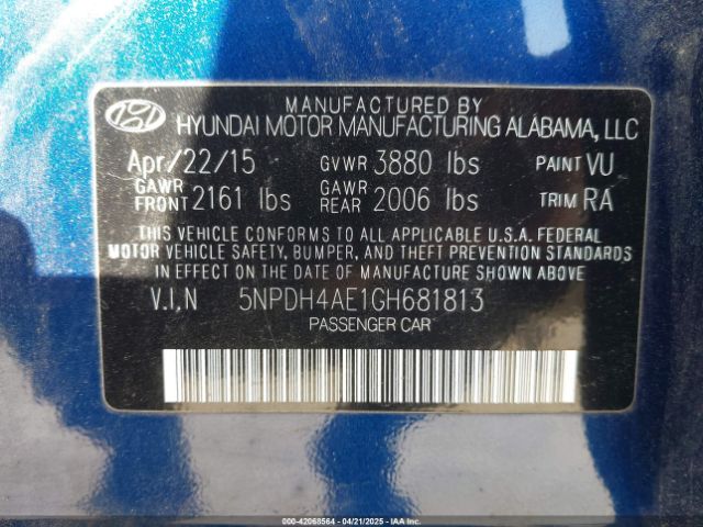 5NPDH4AE1GH681813 Hyundai ELANTRA SE