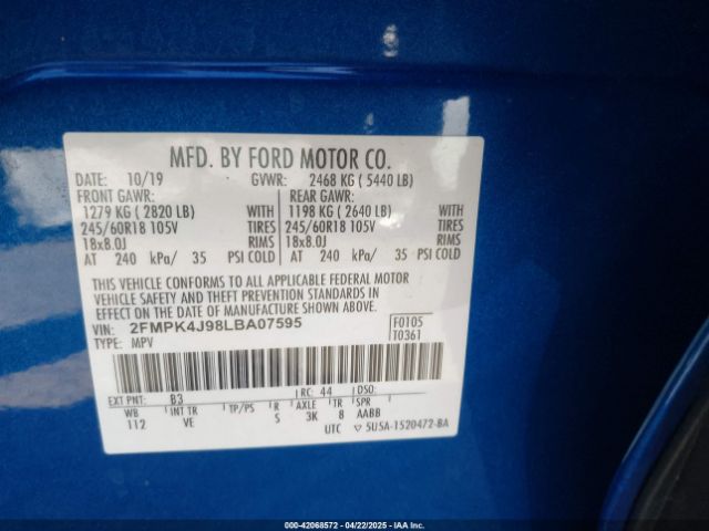 2FMPK4J98LBA07595 Ford EDGE SEL