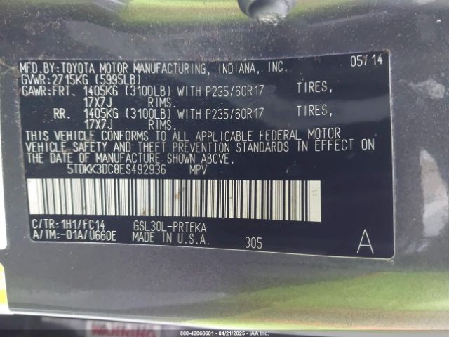 5TDKK3DC8ES492936 Toyota Sienna Le V6 8 Passenger